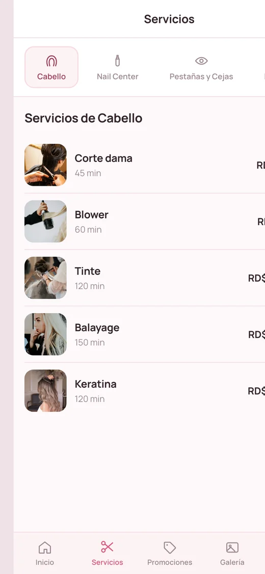 Lista de servicios con precios y duración